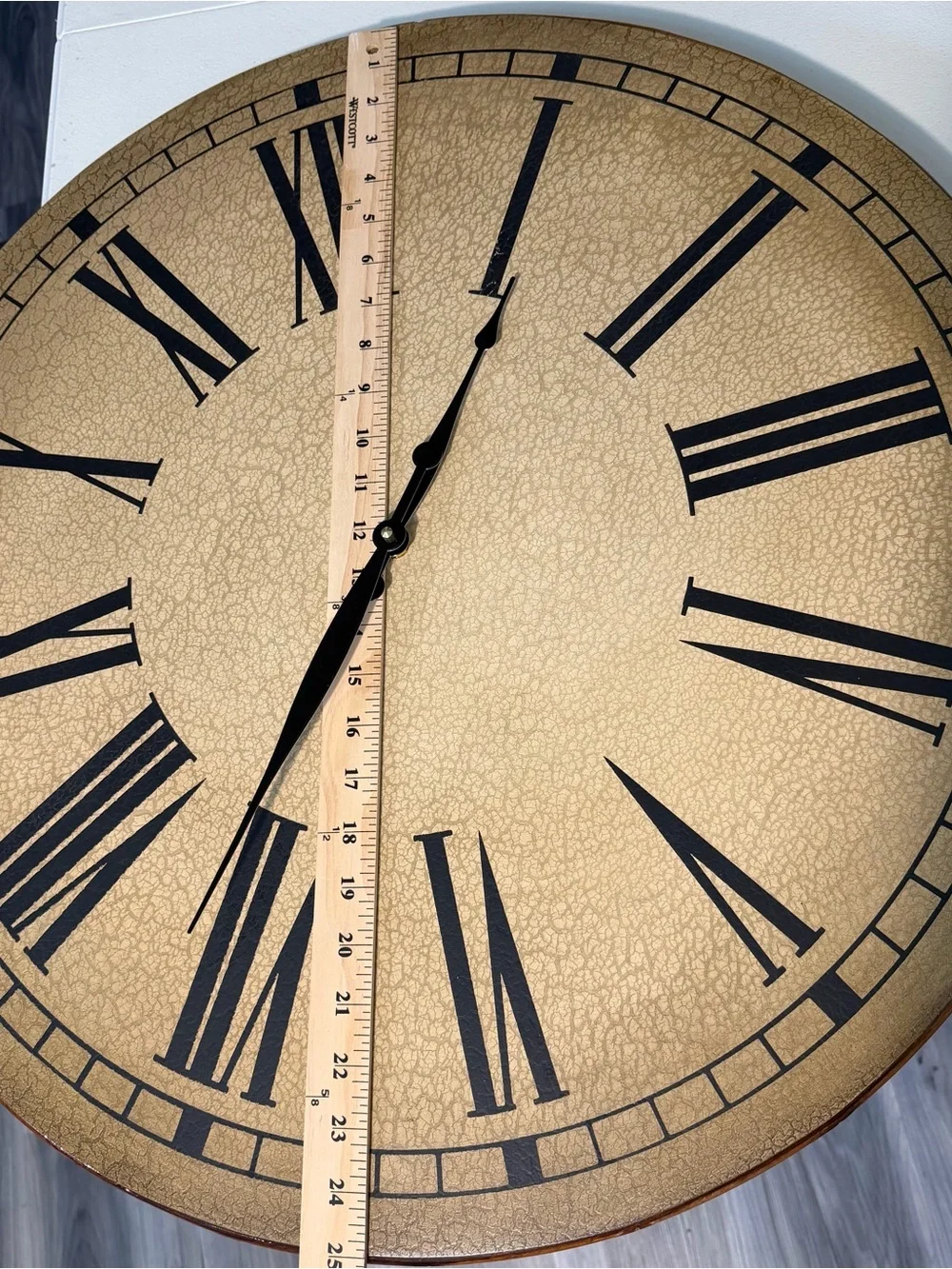 Large Roman Numeral Tabletop Clock with Wrought Iron and wood Stand 25”
